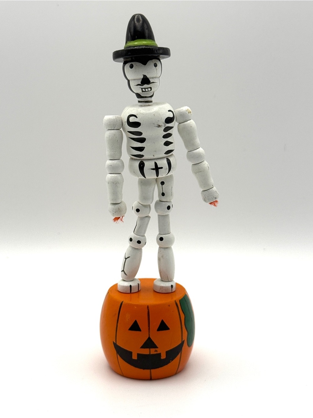 Skeleton and Pumpkin Halloween Wood Finger Puppet Toy Hand-painted Vintage 5.5"